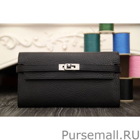 Top Hermes Kelly Longue Wallet In Black Clemence Leather