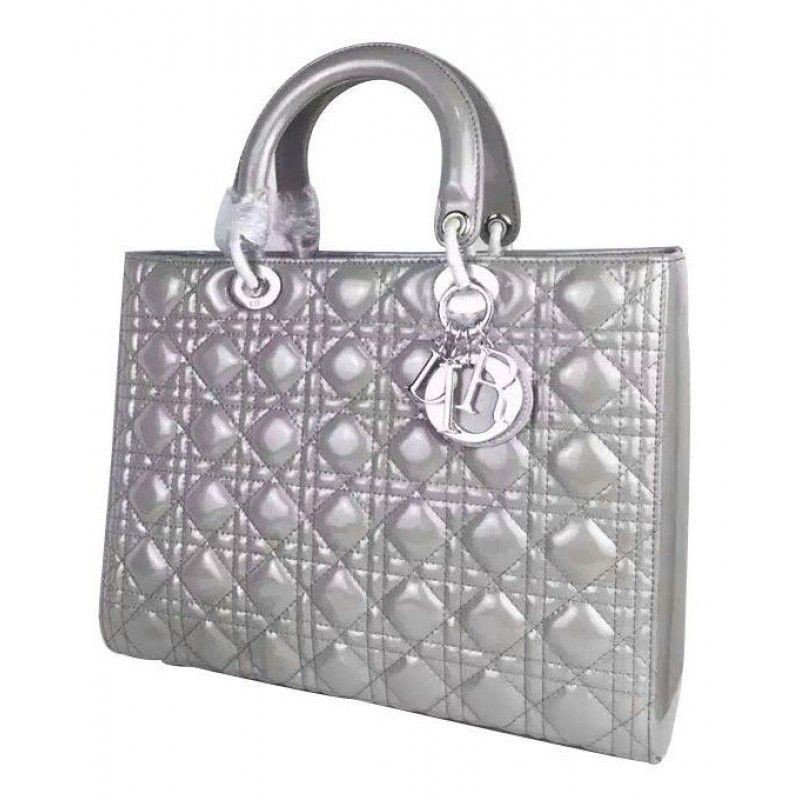 Inspired Dior Lady Dior Cannage Quilted Patent Leather Large Tote Bag Gray