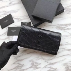 UK YSL Saint Laurent Niki Large Wallet Crinkled Leather Black