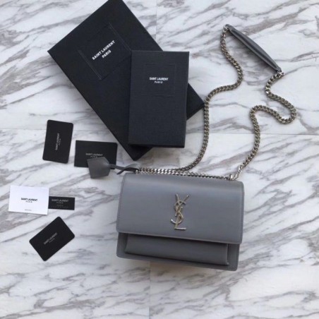 Copy YSL Saint Laurent Medium Sunset Bag Smooth Leather Gray