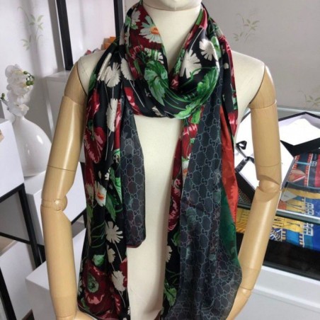 Copy Silk scarf with Flora Print 65 x 185cm Black