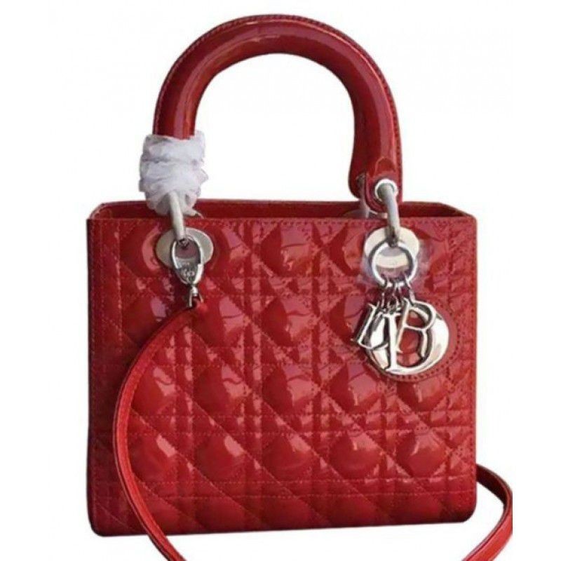 Copy Dior Lady Dior Medium Patent Leather Handbag Red