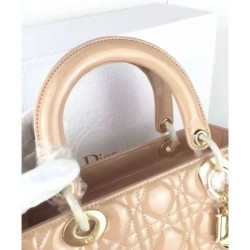 Copy Dior Lady Dior Medium Patent Leather Tote Bag Apricot