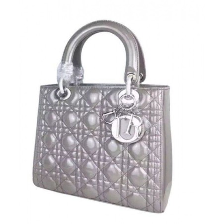 Replicas Dior Lady Dior Medium Patent Leather Tote Bag Gray
