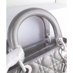 Replicas Dior Lady Dior Medium Patent Leather Tote Bag Gray