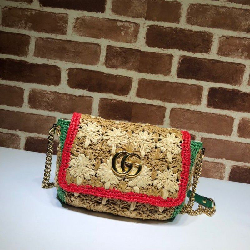 Replica GG Marmont Raffia Small Shoulder Bag 574433 Red / Green