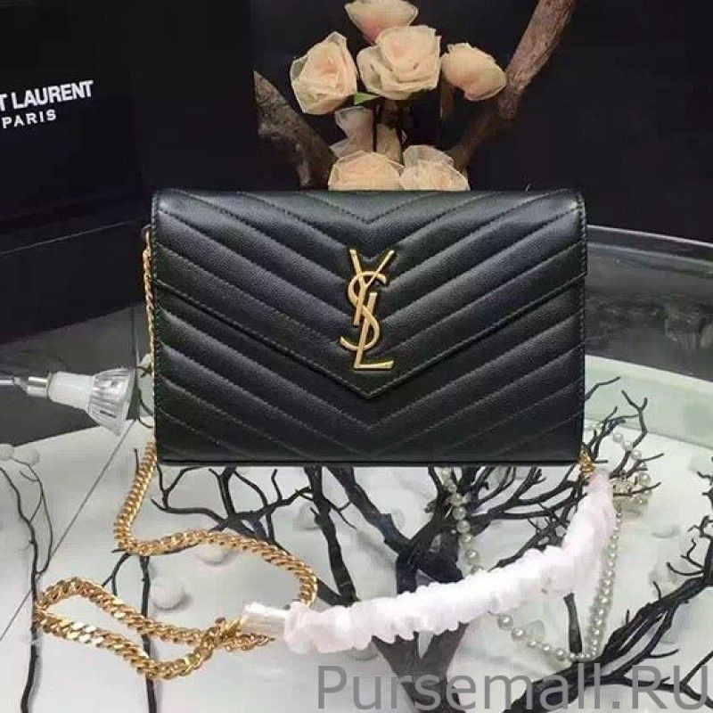 Replicas YSL Saint Laurent Grained Matelasse Leather Chain Wallet Y221220 Black