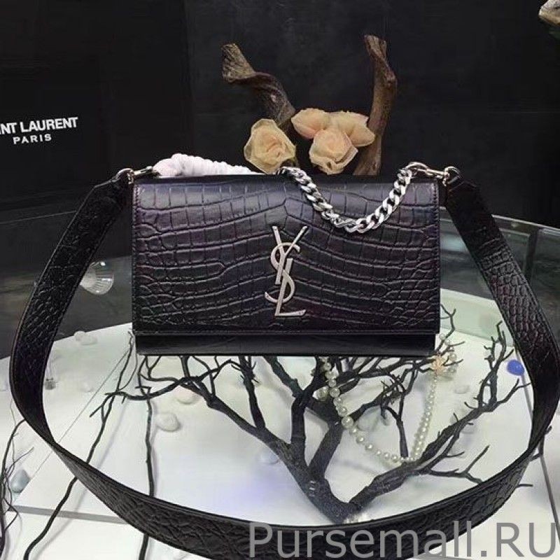 Inspired Saint Laurent Shoulder Bag in Black Croco Leather 354117