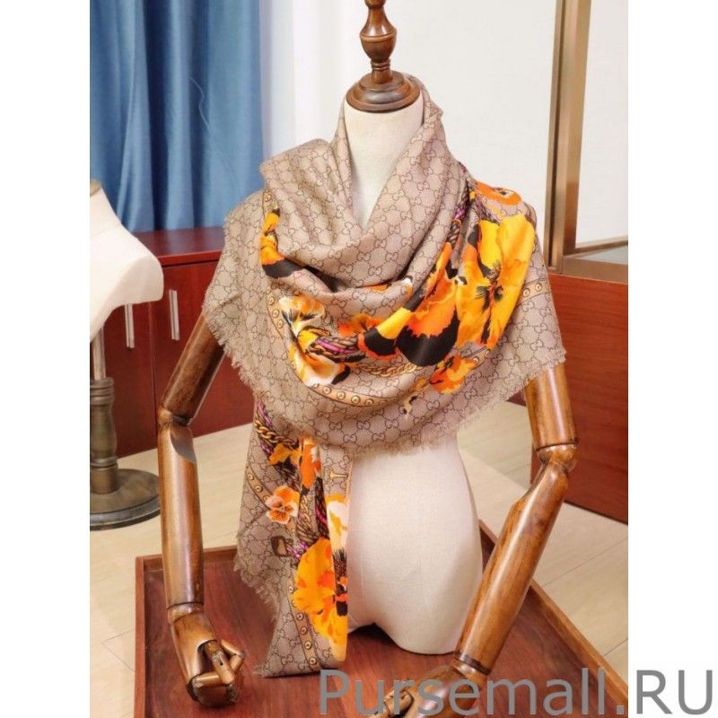 Wholesale classic double G letter Logo Scarf with floral elements Orange