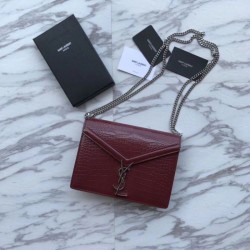 Perfect YSL Saint Laurent Enveloppe Mini Chain Wallet Crocodile Claret