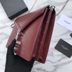 Perfect YSL Saint Laurent Enveloppe Mini Chain Wallet Crocodile Claret