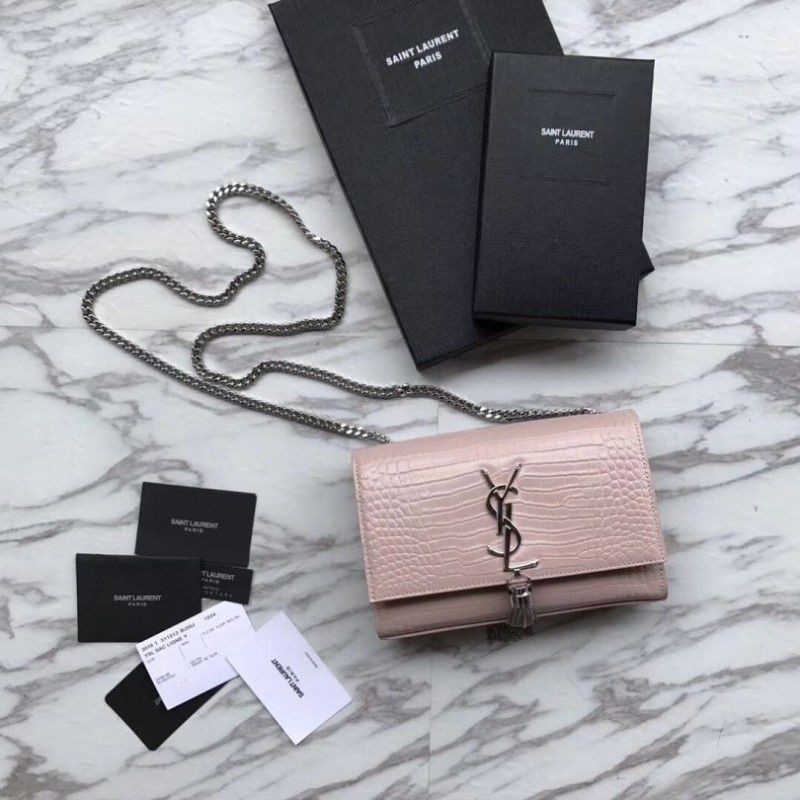 Copy YSL Saint Laurent Mini Kate Chain Wallet Crocodile Embossed Leather Apricot