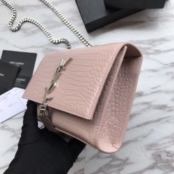 Copy YSL Saint Laurent Mini Kate Chain Wallet Crocodile Embossed Leather Apricot