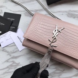 Copy YSL Saint Laurent Mini Kate Chain Wallet Crocodile Embossed Leather Apricot