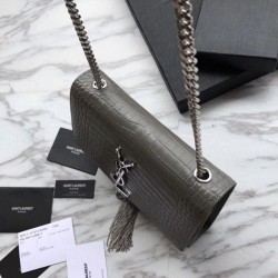 1:1 Mirror YSL Saint Laurent Mini Kate Chain Wallet Crocodile Embossed Leather Army green