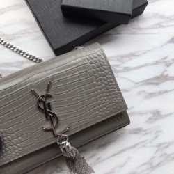 1:1 Mirror YSL Saint Laurent Mini Kate Chain Wallet Crocodile Embossed Leather Army green