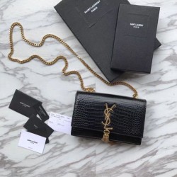 Perfect YSL Saint Laurent Mini Kate Chain Wallet Crocodile Embossed Leather Black Gold Hardware