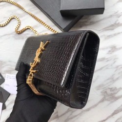 Perfect YSL Saint Laurent Mini Kate Chain Wallet Crocodile Embossed Leather Black Gold Hardware