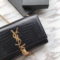 Perfect YSL Saint Laurent Mini Kate Chain Wallet Crocodile Embossed Leather Black Gold Hardware