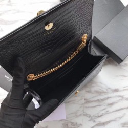 Perfect YSL Saint Laurent Mini Kate Chain Wallet Crocodile Embossed Leather Black Gold Hardware