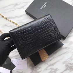 Perfect YSL Saint Laurent Mini Kate Chain Wallet Crocodile Embossed Leather Black Gold Hardware