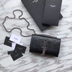 UK YSL Saint Laurent Mini Kate Chain Wallet Crocodile Embossed Leather Black Silver Hardware