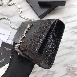 UK YSL Saint Laurent Mini Kate Chain Wallet Crocodile Embossed Leather Black Silver Hardware