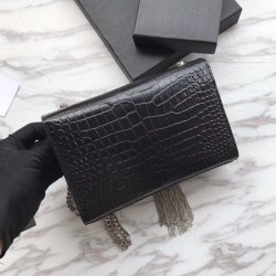 UK YSL Saint Laurent Mini Kate Chain Wallet Crocodile Embossed Leather Black Silver Hardware