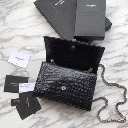 UK YSL Saint Laurent Mini Kate Chain Wallet Crocodile Embossed Leather Black Silver Hardware