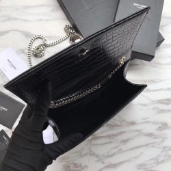 UK YSL Saint Laurent Mini Kate Chain Wallet Crocodile Embossed Leather Black Silver Hardware