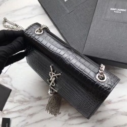 UK YSL Saint Laurent Mini Kate Chain Wallet Crocodile Embossed Leather Black Silver Hardware