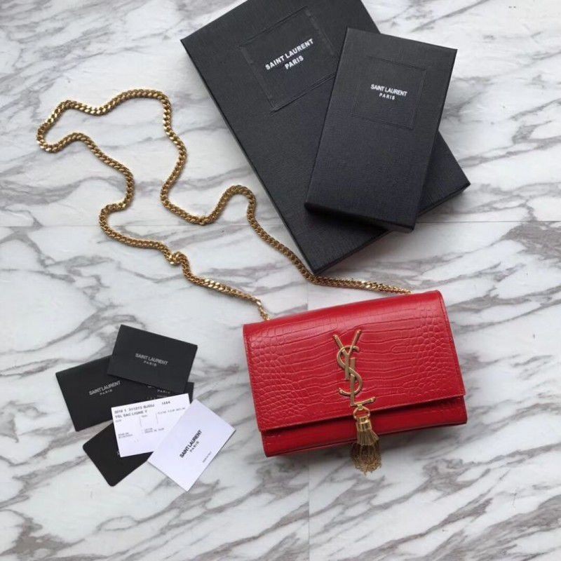 Wholesale YSL Saint Laurent Mini Kate Chain Wallet Crocodile Embossed Leather Red