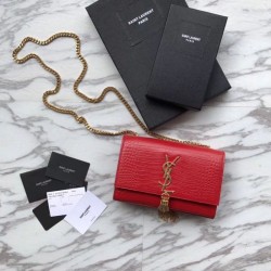 Wholesale YSL Saint Laurent Mini Kate Chain Wallet Crocodile Embossed Leather Red