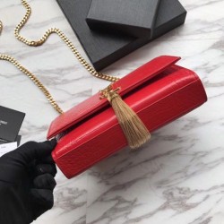 Wholesale YSL Saint Laurent Mini Kate Chain Wallet Crocodile Embossed Leather Red