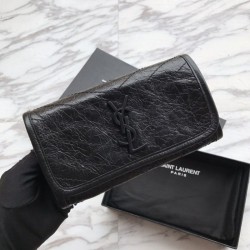 Perfect YSL Saint Laurent Niki Large Wallet Crinkled Vintage Leather Black