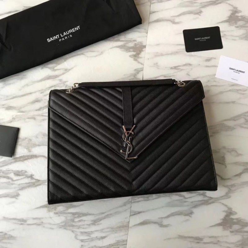 High YSL Saint Laurent Envelope Large Bag Grain Poudre Embossed Leather Silver Hardware