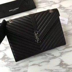 High YSL Saint Laurent Envelope Large Bag Grain Poudre Embossed Leather Silver Hardware