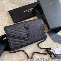 Designer YSL Saint Laurent Monogram Envelope Chain Wallet Grained Leather Black Black Hardware