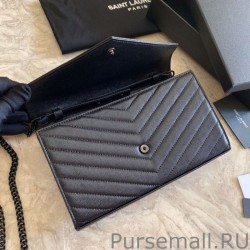 Designer YSL Saint Laurent Monogram Envelope Chain Wallet Grained Leather Black Black Hardware