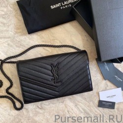 Designer YSL Saint Laurent Monogram Envelope Chain Wallet Grained Leather Black Black Hardware