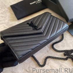 Designer YSL Saint Laurent Monogram Envelope Chain Wallet Grained Leather Black Black Hardware