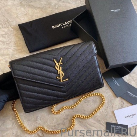 Replicas YSL Saint Laurent Monogram Envelope Chain Wallet Grained Leather Black Gold Hardware