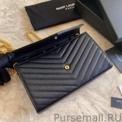 Replicas YSL Saint Laurent Monogram Envelope Chain Wallet Grained Leather Black Gold Hardware