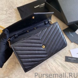 Replicas YSL Saint Laurent Monogram Envelope Chain Wallet Grained Leather Black Gold Hardware