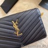 Replicas YSL Saint Laurent Monogram Envelope Chain Wallet Grained Leather Black Gold Hardware