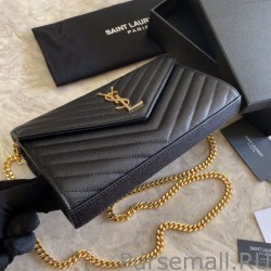 Replicas YSL Saint Laurent Monogram Envelope Chain Wallet Grained Leather Black Gold Hardware