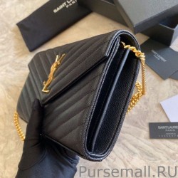 Replicas YSL Saint Laurent Monogram Envelope Chain Wallet Grained Leather Black Gold Hardware