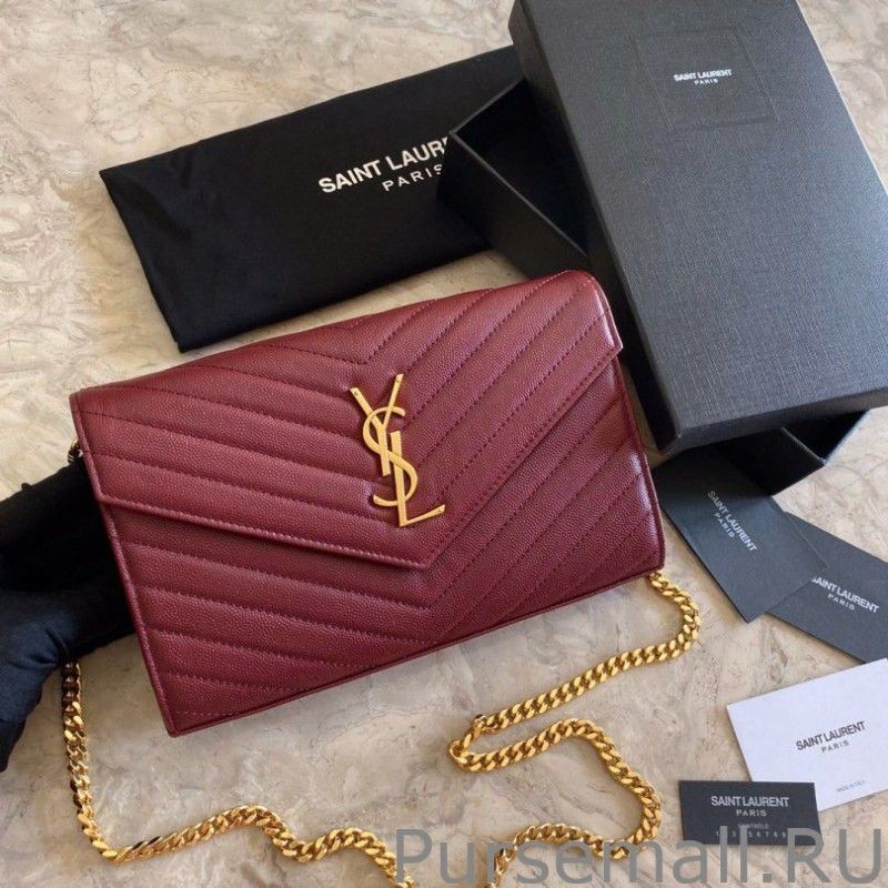 Inspired YSL Saint Laurent Monogram Envelope Chain Wallet Grained Leather Claret