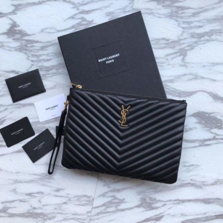 Top YSL Saint Laurent Monogram Tablet Pouch Matelasse Leather Black