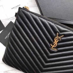 Top YSL Saint Laurent Monogram Tablet Pouch Matelasse Leather Black